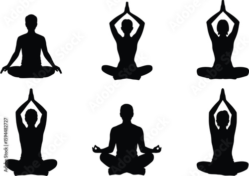 Black Silhouettes of People in Yoga Poses on White Background