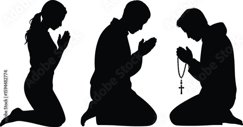 Black Silhouettes Kneeling in Prayer with Rosary and Cross