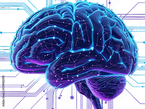 Artificial Intelligence Brain with Glowing Neural Network Connections and Circuit Board Lines on Black Background