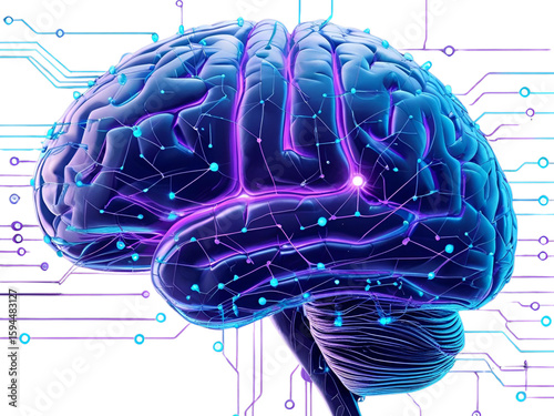 A vibrant 3D rendering of a human brain illuminated with neon blue and purple neural network connections on a black background, symbolizing artificial intelligence, data, and future technology.