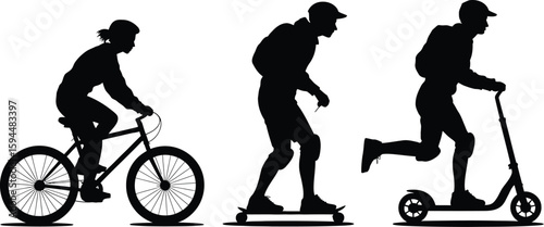 Silhouettes of Person Riding Bicycle Skateboarding and Riding Scooter on White Background