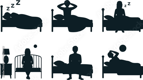 Silhouetted Figures in Various Bedtime Positions on White Background