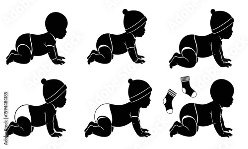 Baby Crawling Silhouette Set | Six Stages of Infant Development for Parenting Guides and Pediatric Illustrations
