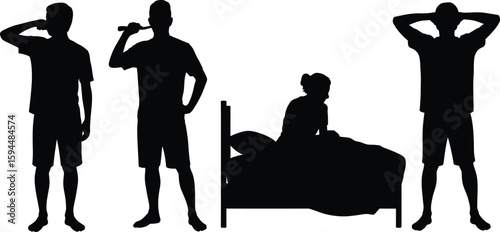 Silhouettes of People Brushing Teeth, Waking Up, and Resting on Bed
