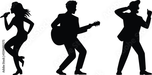 Black Silhouettes of Musicians Performing with Microphone Guitar and Gesture