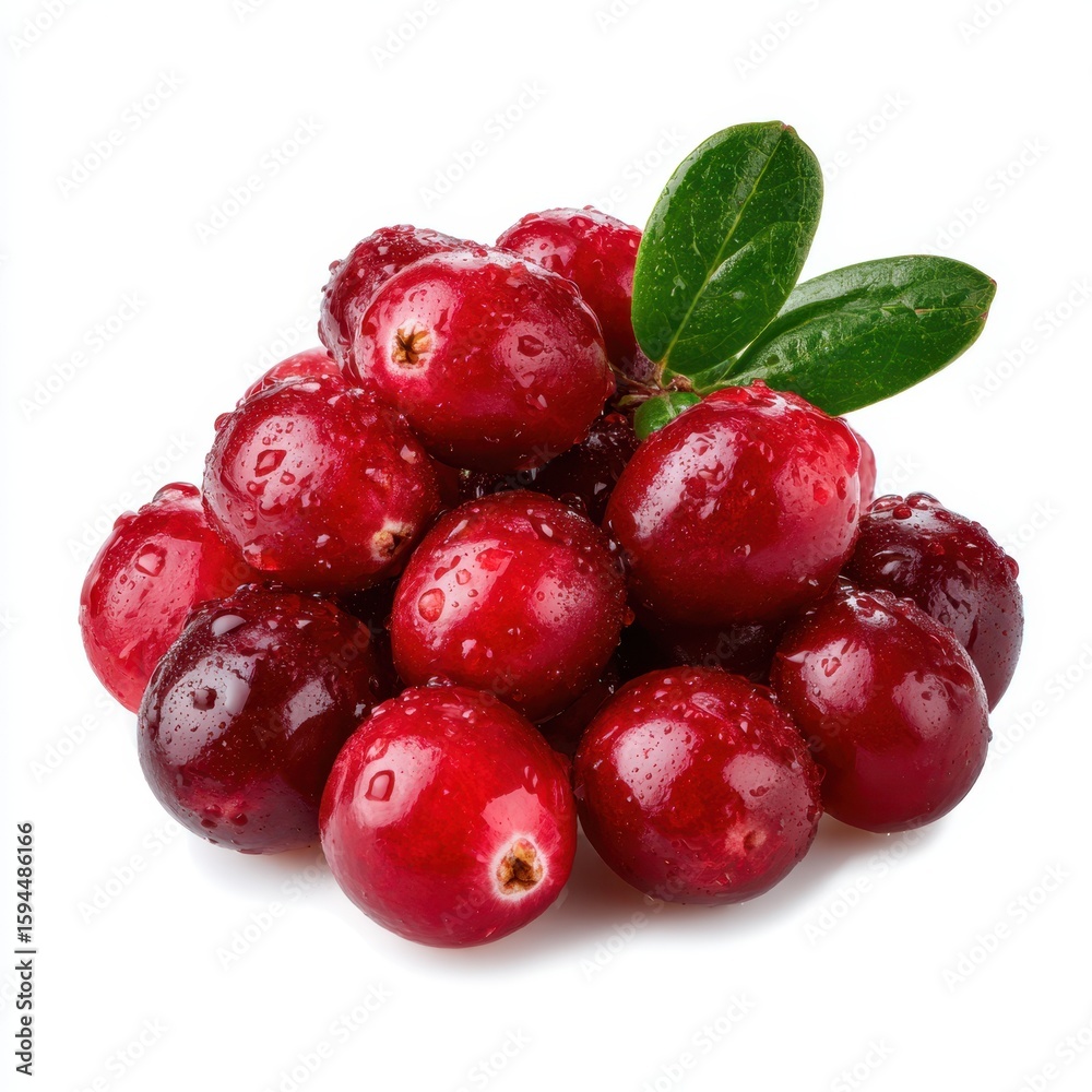 Pile of fresh red cranberries with green leaves isolated on white background Pile of fresh red cranberries with green leaves isolated on white background