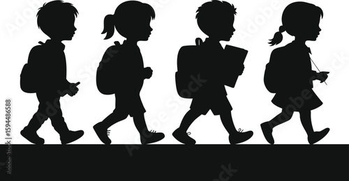 Black silhouettes of four children walking with backpacks and school supplies