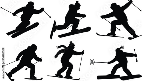 Black Silhouettes of Skiers in Action Posing with Ski Poles on White Background