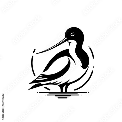 Stylized Black and White Avocet Bird Logo.