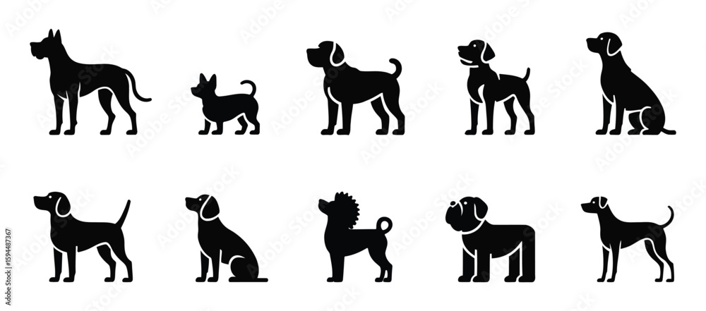 Fototapeta premium Silhouettes of multiple dog breeds in varied poses and sizes on white background, ideal for pet-themed graphic design and stock use