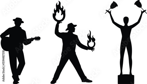 Silhouettes of Guitarist Fire Performer and Juggler on White Background