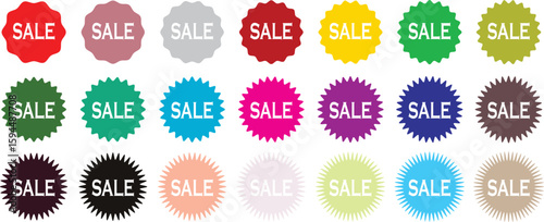Set of red starburst. Price sticker, sale sticker, price tag, starburst, quality mark, retro stars, sale. Circle sticker set. Wavy edge promo red badges. Star burst shape tags for price. Red sale tag