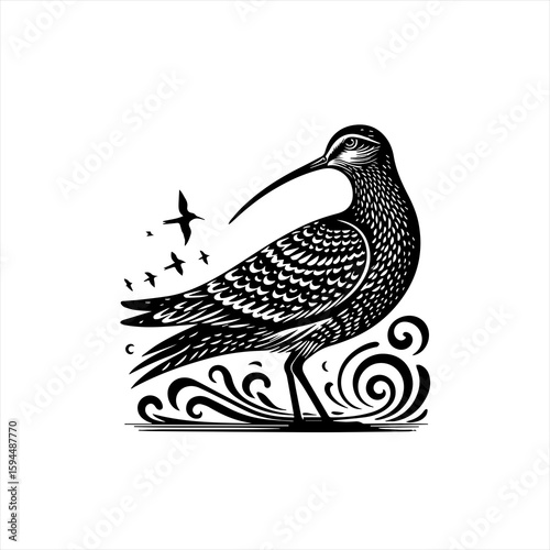 Stylized Black and White Curlew Bird Illustration.