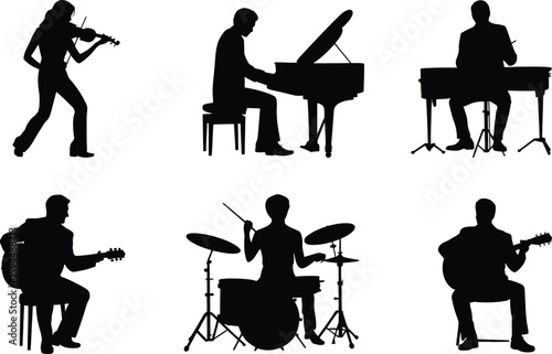 Silhouettes of Musicians Playing Violin Piano Keyboard Drums and Guitars
