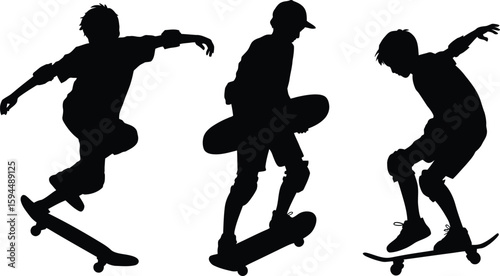 Black Silhouettes of Skateboarders Performing Tricks on White Background