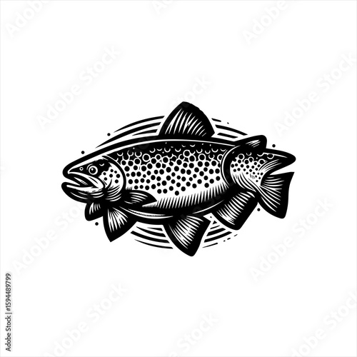 Stylized Black and White Trout Illustration.