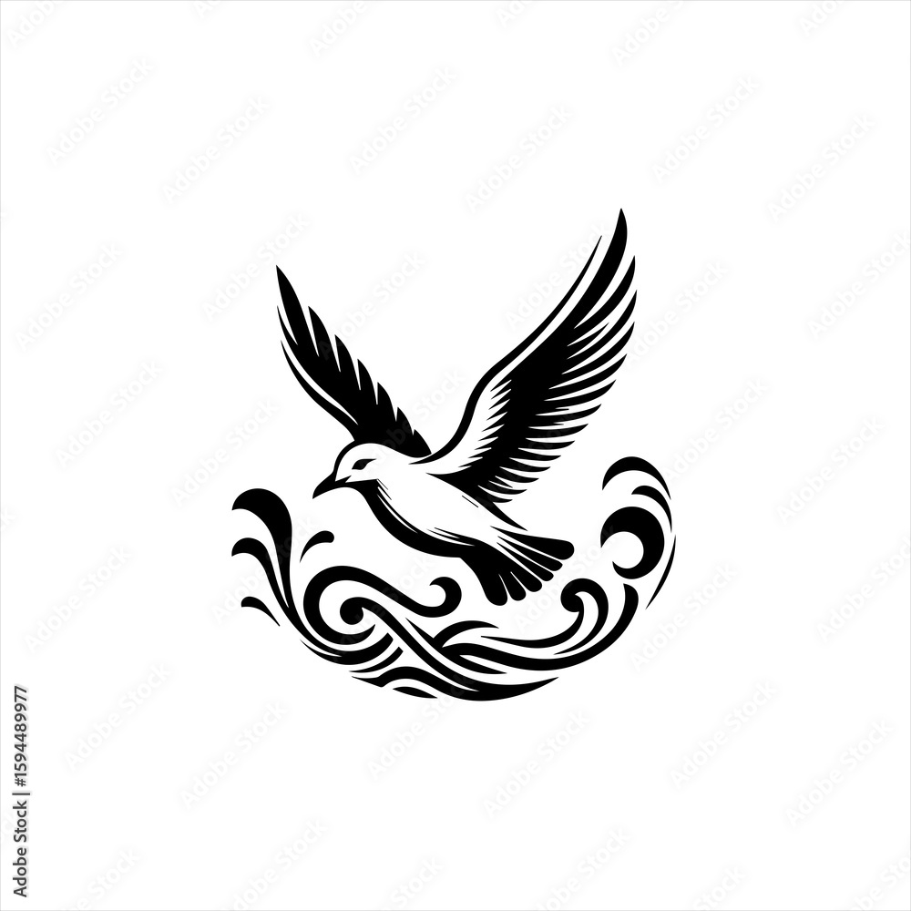 Obraz premium Stylized Black Bird Flying Over Waves.