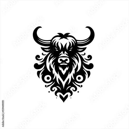 Stylized Black Bull Head with Ornate Swirls.