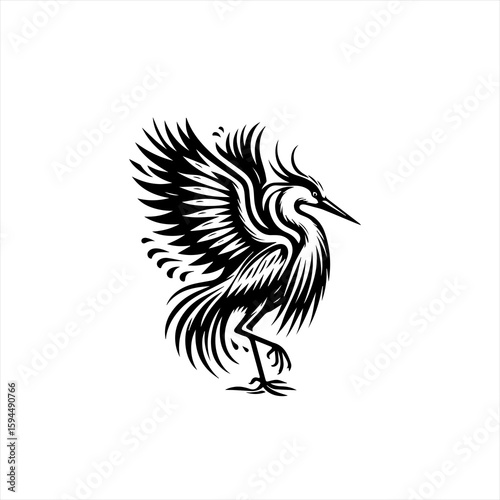 Stylized Black Heron Bird Silhouette with Flowing Feathers.