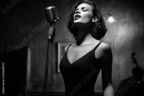 Jazz Music and Performance. A talented singer performing passionately in a vintage setting.