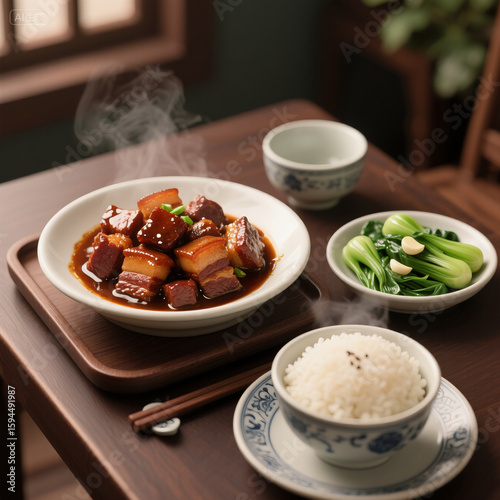 Traditional Chinese Braised Pork Belly with Steamed Rice and Vegetables