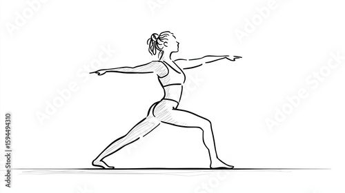 Minimalist black line art of woman in powerful Warrior II yoga pose, illustrating fitness and wellness