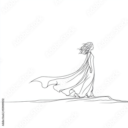 Elegant Line Art Profile of Woman with Billowing Gown and Hair in Wind on Horizon
