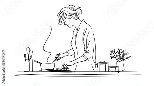Minimalist Line Art of a Woman Cooking at Home, Stirring a Steaming Pot on the Stove