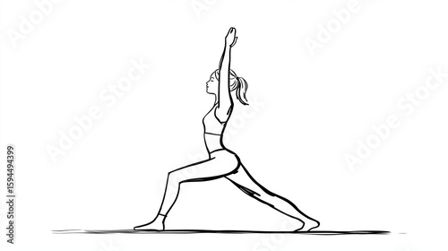 Simple line art of a woman holding a dynamic yoga pose with arms reaching upwards.