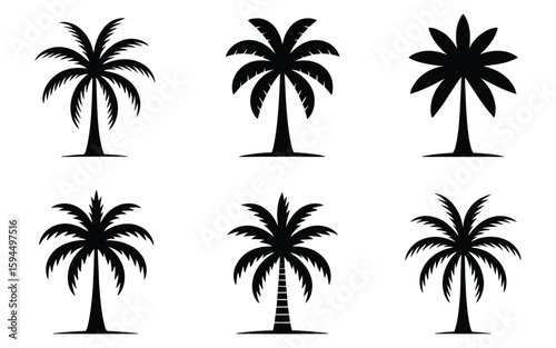 Palm tree silhouette icon set in black featuring six unique tropical profiles with varied trunks and frond styles for nature and travel design themes