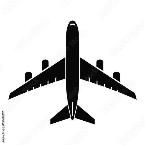 Top-view airplane silhouette icon in black featuring four engines and wide wingspan for aviation, aerospace branding, and air travel design themes