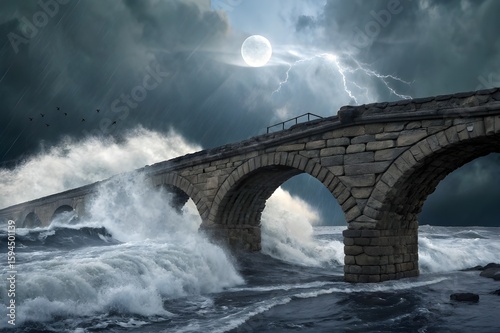 Ancient stone bridge arches over turbulent stormy ocean waves under a dramatic moonlit sky