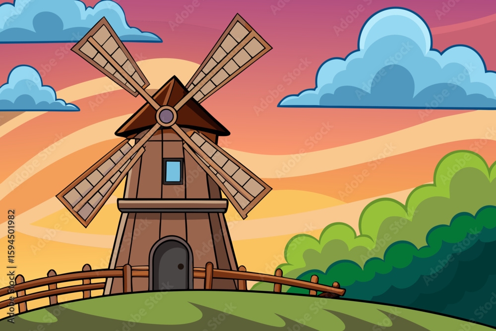 Obraz premium Cartoon Windmill on Hill at Sunset – Colorful Landscape Vector Illustration