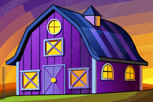 Adobe Stock Searchable Title:
Cartoon Purple Barn at Dusk – Colorful Farmhouse Landscape Vector Illustration