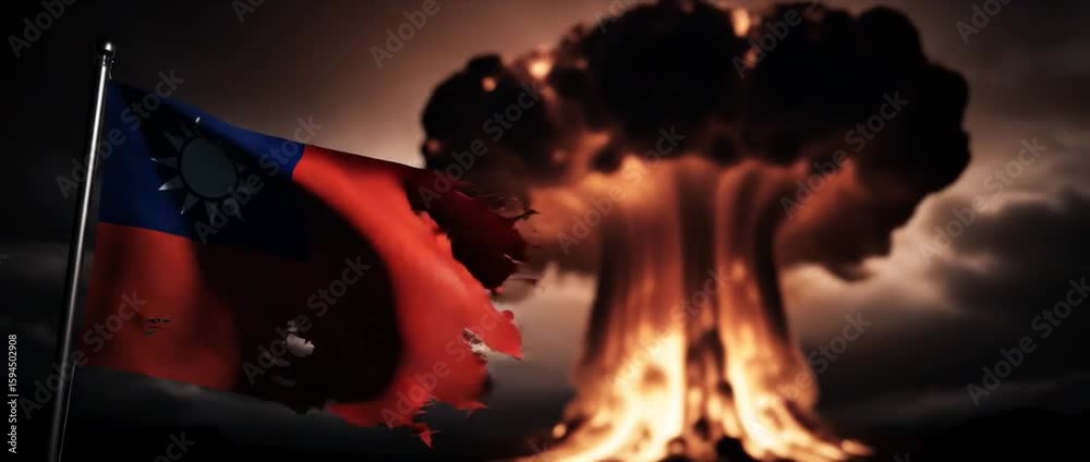 Tattered Taiwan flag with nuclear explosion mushroom cloud