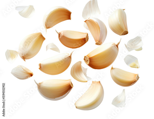 A dynamic composition of fresh garlic cloves, some peeled and some unpeeled, captured in mid-air.