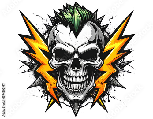 Punk skull with green mohawk hair and lightning bolts  illustration