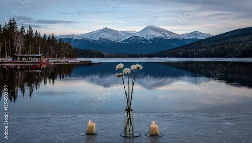 Peaceful winter scene by a serene lake with snow-capped mountains.