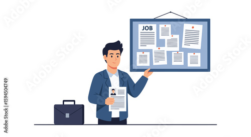 Job seeker holding resume stands before career opportunities board with various openings