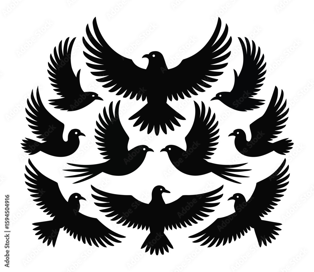 Obraz premium Birds in flight silhouette icon set in black arranged in circular symmetry for themes of harmony, freedom, nature balance, and ornamental identity