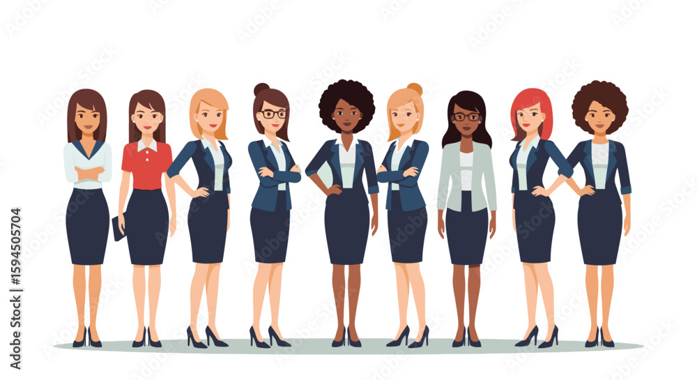 Fototapeta premium Confident diverse businesswomen stand together in professional attire, illustrating teamwork and female empowerment within a corporate setting.