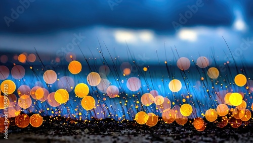 Bokeh lights reflecting on dewdrops.