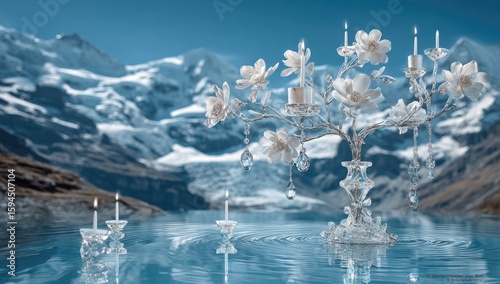Crystal candleholder arrangement on a tranquil mountain lake.