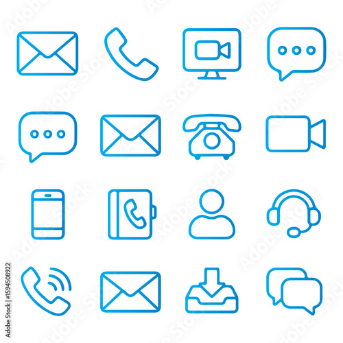 Collection of 16 editable line icons representing modern communication methods. Includes icons such as email, phone, video call, chat, message, envelope, telephone, support, mobile, contact, inbox