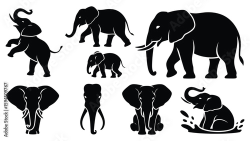 Walking elephant silhouette icon in black line art with extended trunk, visible tusks, and large ears for wildlife, nature, and cultural themes