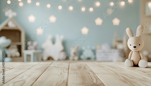 Empty Wooden Tabletop with Blurred Nursery Interior for Product Mockup