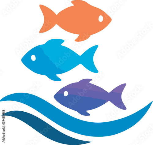 Vector logo of three colorful fish — orange, blue, and purple — swimming above stylized water waves in minimal style, symbolizing aquatic biodiversity, marine life harmony, underwater design assets, e
