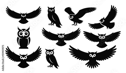 Owl silhouette icon set in black featuring nine unique poses and expressions with flight, perch, and tufted details for wildlife and folklore themes