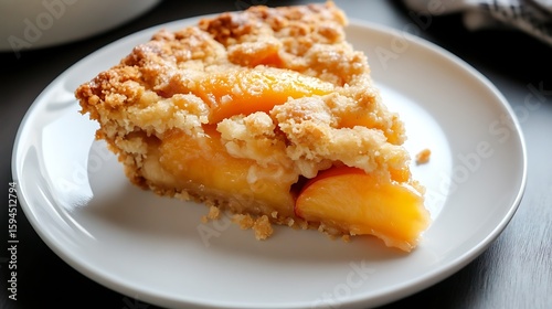 A slice of peach crumble pie served on a white plate, showcasing its golden crust and juicy filling.