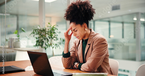 Konstfotografi Frustrated woman, accountant or headache with stress on laptop for project budget or debt in office